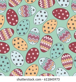 Vector seamless pattern with bright eggs for Easter holiday. 