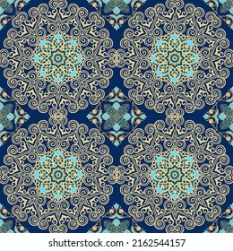 Patrón vectorial sin fisuras con adorno floral brillante. Elemento de diseño antiguo de estilo oriental. Decoración floral y orgánica de papel pintado. Decoración árabe tradicional de fondo azul.