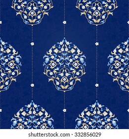 Vector seamless pattern with bright floral ornament. Vintage design element  in Eastern style. Ornamental lace tracery. Ornate floral decor for wallpaper. Traditional arabic decor on blue background.