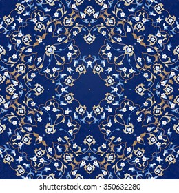 Vector seamless pattern with bright floral ornament. Vintage design element in Eastern style. Ornamental lace tracery. Ornate floral decor for wallpaper. Traditional arabic decor on blue background.