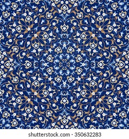 Vector seamless pattern with bright floral ornament. Vintage design element in Eastern style. Ornamental lace tracery. Ornate floral decor for wallpaper. Traditional arabic decor on blue background.