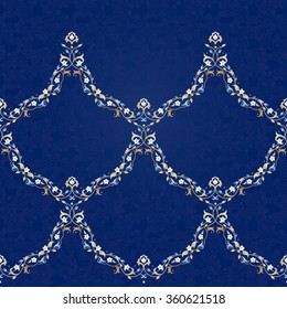 Vector seamless pattern with bright floral ornament. Vintage design element in Eastern style. Ornamental lace tracery. Ornate floral decor for wallpaper. Traditional arabic decor on blue background.