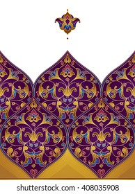 Vector seamless pattern with bright floral ornament. Vintage design in Eastern style. Ornamental lace tracery. Ornate floral decor for wallpaper. Traditional arabic decor with golden elements.