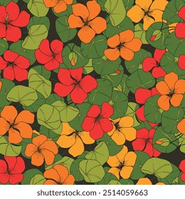 Vector seamless pattern bright flower bed. Yellow, orange and red flowers with green leaves.