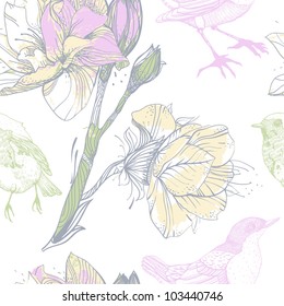 vector seamless pattern with bright flowers and colorful birds