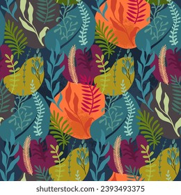 Vector seamless pattern with bright flowers and leaves. Endless floral background. Blooming garden