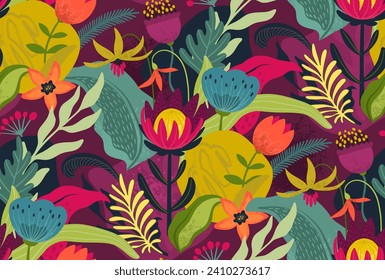 Vector seamless pattern with bright flowers and leaves. Endless floral background. Blooming garden