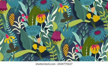 Vector seamless pattern with bright flowers and leaves. Endless floral background. Blooming garden