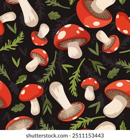 Vector seamless pattern with bright fly agaric mushrooms and forest green branches on black background.