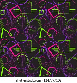 Vector seamless pattern with bright geometric shapes on a black background.