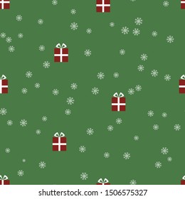 Vector seamless pattern. Bright gift boxes and snowflakes on a green background. Christmas, New year, holiday. Ornament design for fabric, textiles, wrapping paper, packaging.
