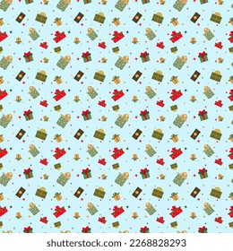 Vector seamless pattern, with a bright gift color palette, for gifts, packaging, wrapping paper. A set of gifts, in different sizes.Bows,ribbons.Stars.Shimmer.Print for textiles,web design.EPS10.