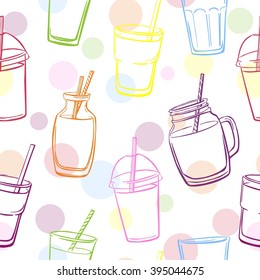 Vector seamless pattern with bright glasses, bottles and jars with smoothie and juice and color circle dots. Colorful doodle elements on white background for your design.