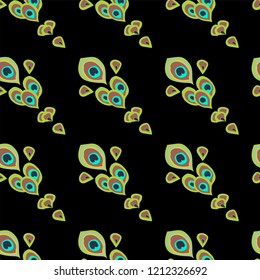 Vector seamless pattern bright green peacock feathers like a peacock tail located diagonally on black background for carpet, textile, wallpaper, wrapping, ceramic tiles, furnishings, upholstery.