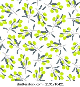Vector seamless pattern with bright green olives and grey olive tree branches on white background. Hand-drawn style. For the design natural organic cosmetics, wrapping paper, soap, olive oil. 