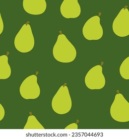 Patrón vectorial sin fisuras con peras verdes brillantes. Frutos dibujados a mano sobre un fondo verde. Fondo tranquilo para publicidad o banner publicitario.