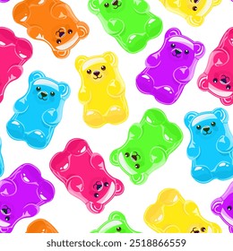 Vector seamless pattern with bright gummy bears on white background.