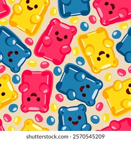 Vector seamless pattern with bright gummy bears on light background.