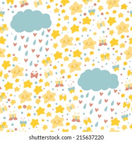 Vector seamless pattern with bright hand drawing elements: stars, butterflies and clouds. Cute repeating texture for children