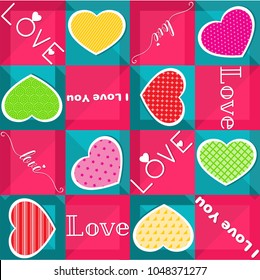 Vector seamless pattern of bright hearts. Ideal for greeting cards, wallpapers, gift paper, cobwebs, textiles, backgrounds