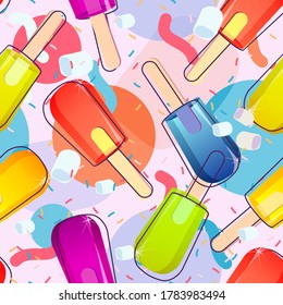 vector seamless pattern bright illustration, ice cream popsicles, sweet dessert