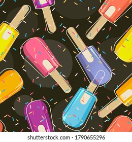 vector seamless pattern bright illustration, ice cream popsicles, sweet dessert