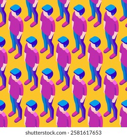 Vector seamless pattern with bright isometric figures on yellow background.