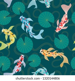 Vector seamless pattern with bright koi carps.