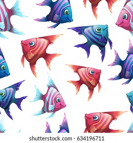 Vector seamless pattern with bright marine fish illustrations. Children's texture with beautiful animals.