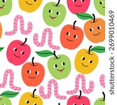 Vector seamless pattern with bright multi-colored apples and worms