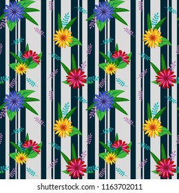 Vector seamless pattern with bright multi-colored flowers on grey and black striped background. Separate groups of flowers on a light