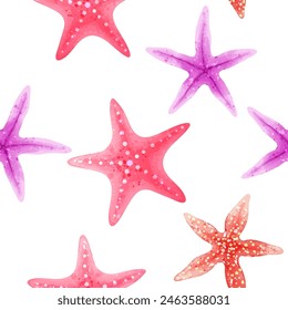 Vector seamless pattern with bright multi-colored starfish. Watercolor sea illustrations for design