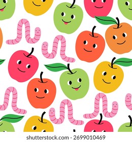 Vector seamless pattern with bright multi-colored apples and worms