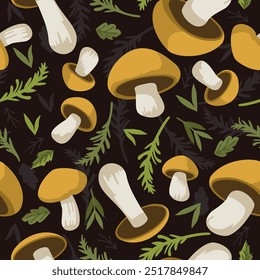 Vector seamless pattern with bright mushrooms and forest green branches on dark background.