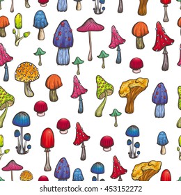 vector seamless pattern with bright mushrooms on white background colorful