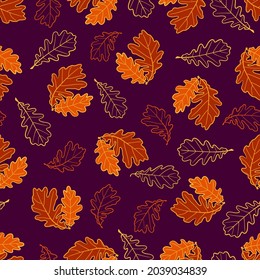 Vector seamless pattern of bright oak leaves. Ideal for wallpaper, wrapping paper, filling with drawings, textiles, autumn greeting cards,Thanksgiving cards