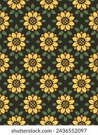 Vector seamless pattern with bright orange sunflowers on black background. Stylized flower in geometric diamond pattern for wallpaper and textile