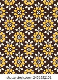 Vector seamless pattern with bright orange sunflowers on black background. Stylized flower in geometric diamond pattern for wallpaper and textile
