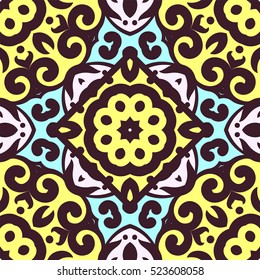 Vector seamless pattern with bright ornament. Tile in Eastern style. Ornamental lace tracery. Ornate swirl geometrical decor for wallpaper. Traditional arabic decor.