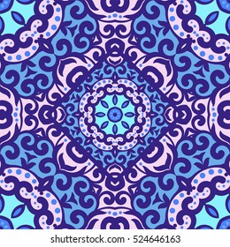 Vector seamless pattern with bright ornament. Tile in Eastern style. Ornamental lace tracery. Ornate swirl geometrical decor for wallpaper. Traditional arabic decor.