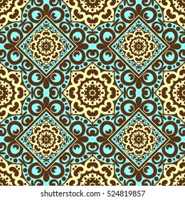 Vector seamless pattern with bright ornament. Tile in Eastern style. Ornamental lace tracery. Ornate swirl geometrical decor for wallpaper. Traditional arabic decor.