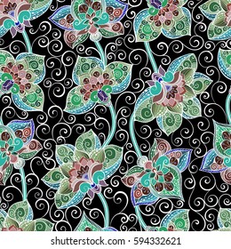 Vector seamless pattern with bright ornament. Tile in Eastern style. Ornamental lace tracery. Ornate swirl geometrical decor for wallpaper. Traditional arabic decor.Islamic, Dubai, East style template