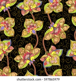 Vector seamless pattern with bright ornament. Tile in Eastern style. Ornamental lace tracery. Ornate swirl geometrical decor for wallpaper. Traditional arabic decor.Islamic, Dubai, East style template