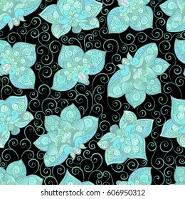 Vector seamless pattern with bright ornament. Tile in Eastern style. Ornamental lace tracery. Ornate swirl geometrical decor for wallpaper. Traditional arabic decor.Islamic, Dubai, East style template