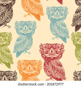 Vector Seamless Pattern with Bright  Owls, fully editable eps 10 file with clipping mash and seamless pattern in swatch menu