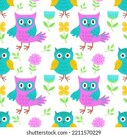 Vector seamless pattern with bright owls. Vector illustration with owls for children. It is used for printing on children's fabrics, packaging, wallpaper, textiles, design.