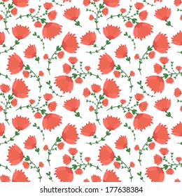 Vector seamless pattern with bright pink flowers on the white background