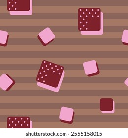 Vector seamless pattern. Bright pink purple red cubes with polka dots on brown chocolate coffee Mocha Mousse striped background. Trendy color geometry wallpaper. Stylish cute print. Vibrancy fashion.