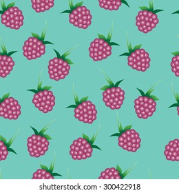 Vector seamless pattern with bright pink raspberries on the emerald green background
