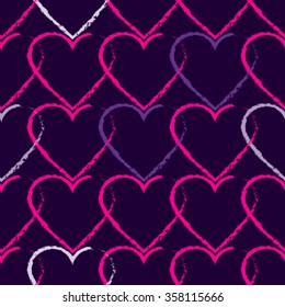 Vector seamless pattern with bright pink and lilac hearts on dark purple background. Valentine's Day background with hearts outlines. Romantic seamless background in contrasting colors. Vector hearts